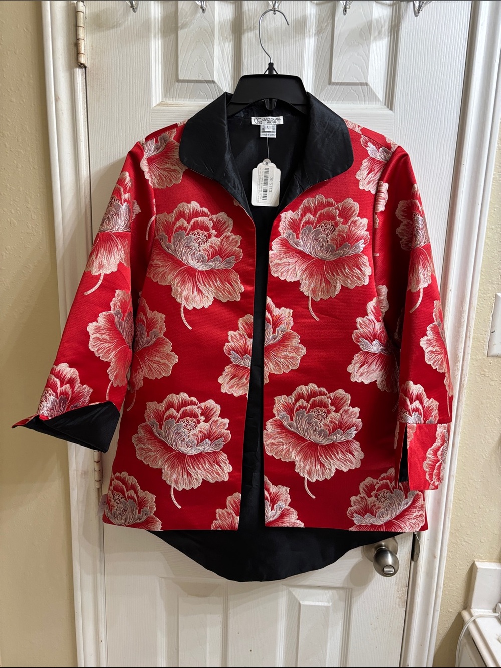 Grace Chuang New York Red high/low Jacket with metallic flower print. NWT